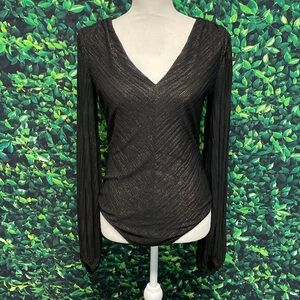 Express Black Metallic Long Sleeve V-Neck Bodysuit